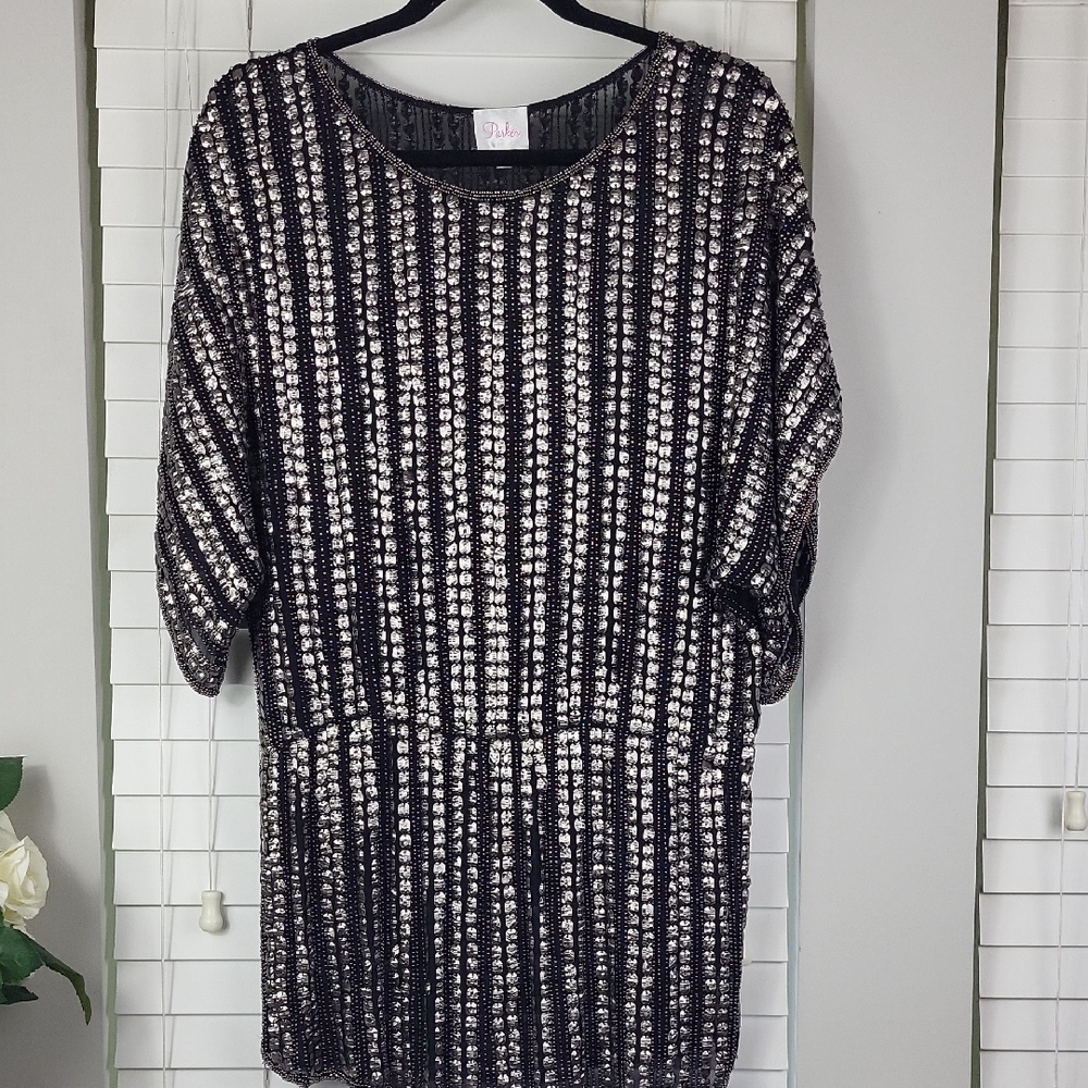 Parker Art deco flapper Gatsby Sequin mini oversized dress 100% silk. Size XS